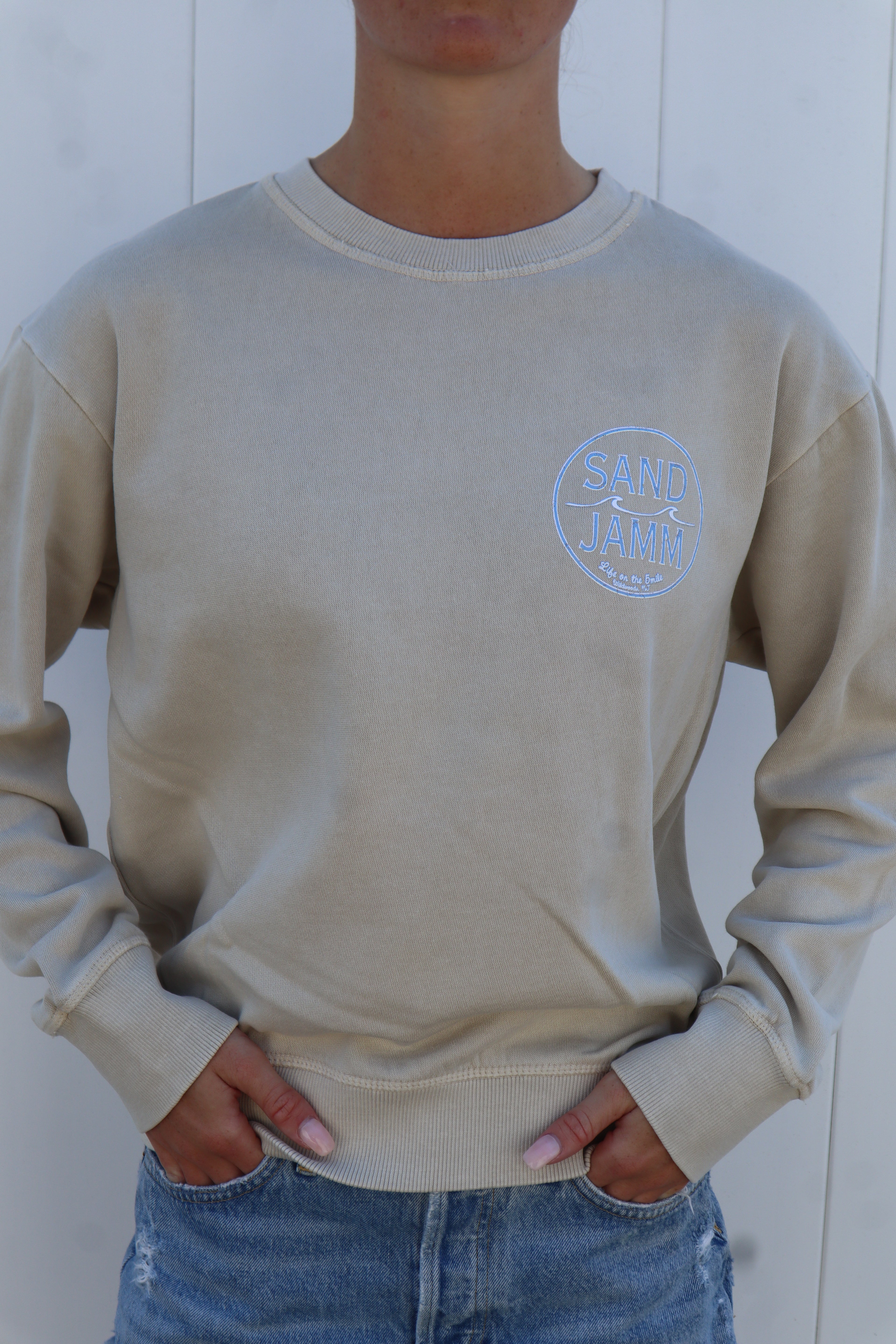 LADIES COASTAL BLUE CREW-KHAKI